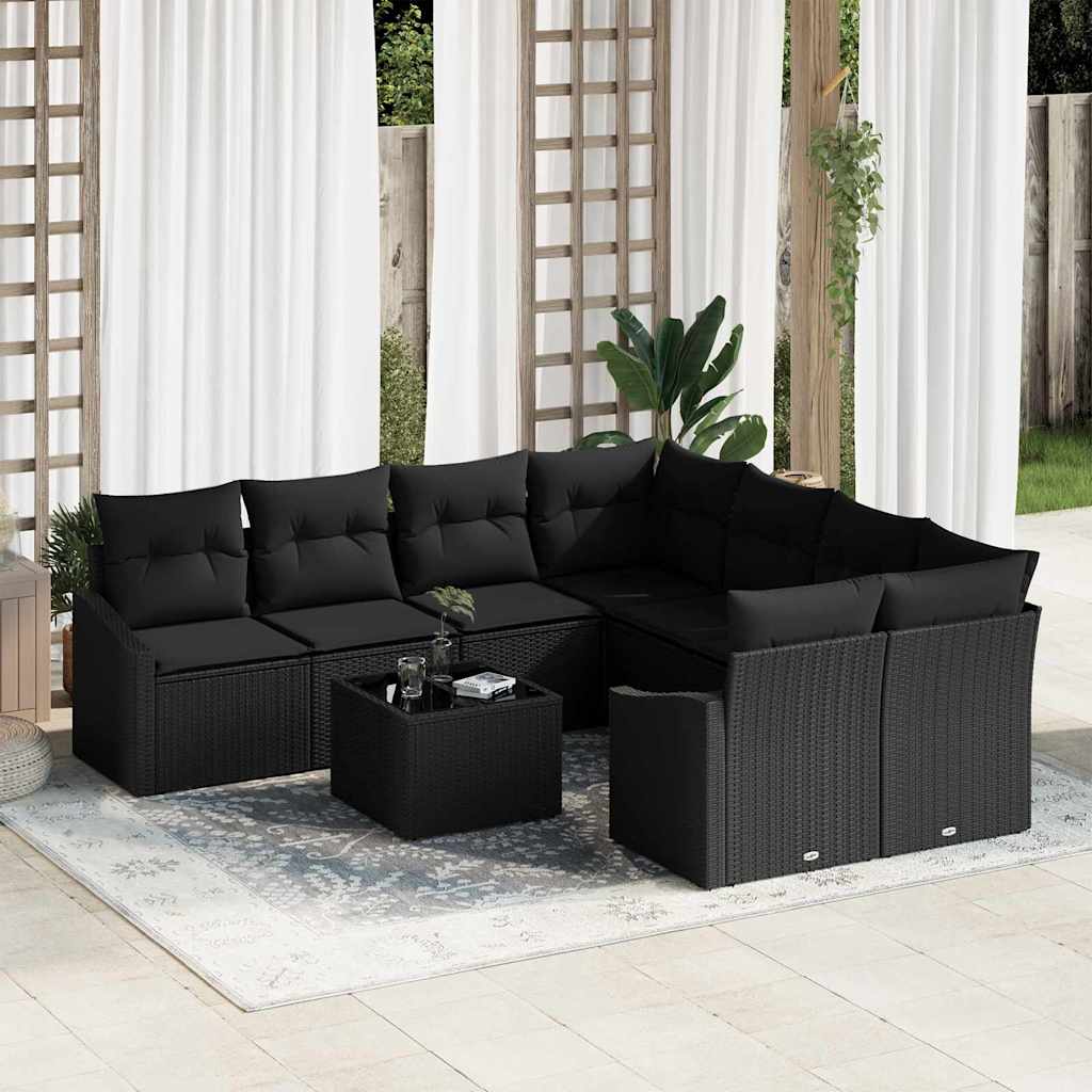 Set di divani con cuscino 9 pcs Nero polyrattan | homemem39