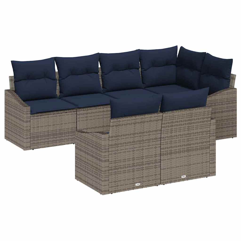 Set Divano da Giardino 7 pcs Grigio e Blu Navy polyrattan | homemem39