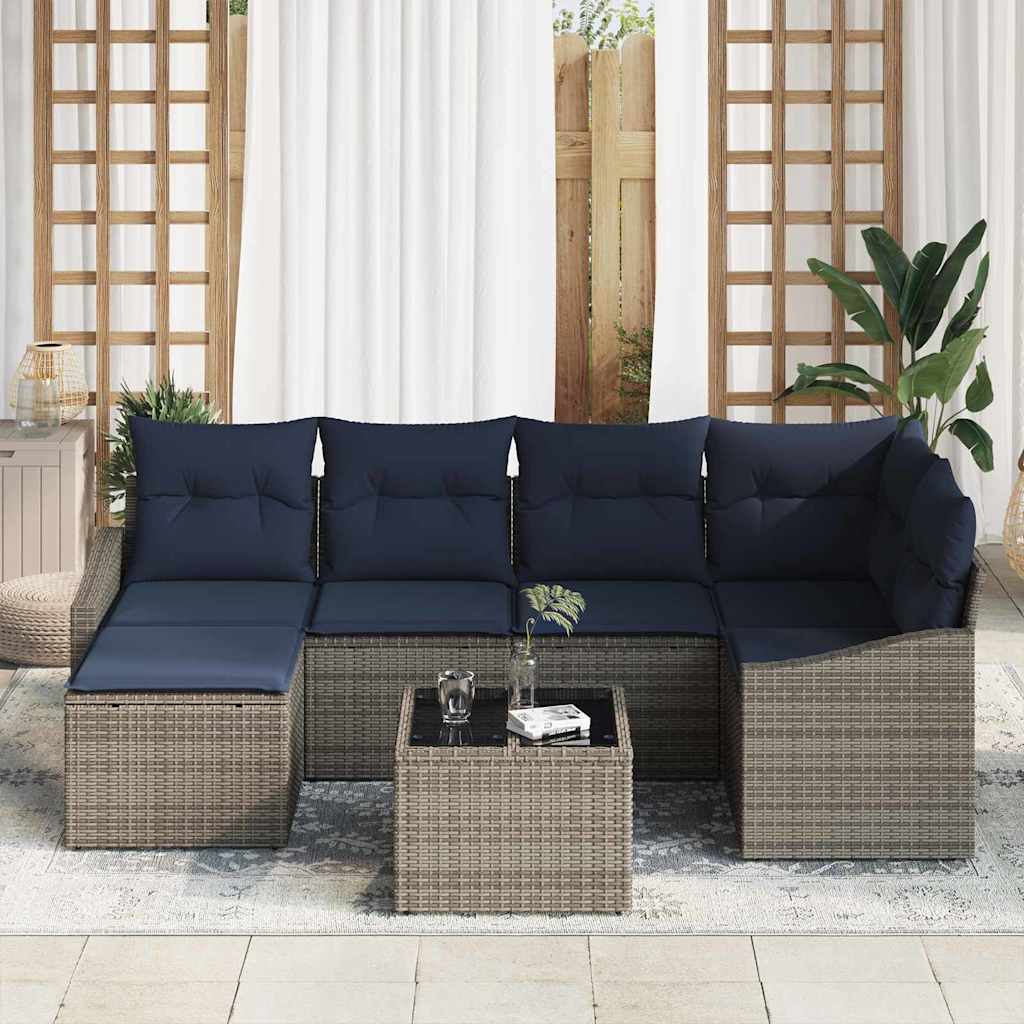 Set di divani con cuscino 7 pcs Grigio e Blu Navy polyrattan | homemem39