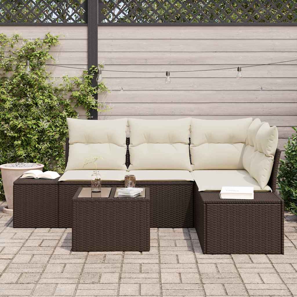 Set Divano da Giardino con cuscino 5 pcs Marrone e Crema - homemem39