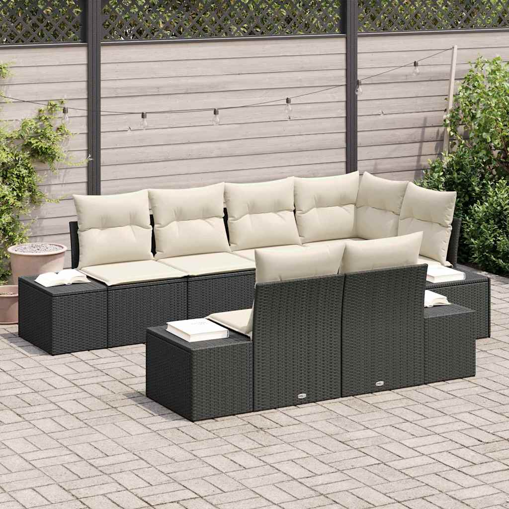 Set Divano da Giardino 7 pcs Nero e Crema polyrattan