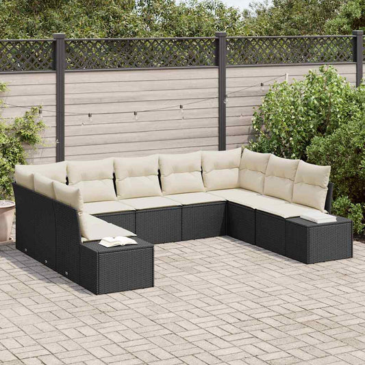 Set Divano da Giardino 9 pcs Nero e Crema Polyrattan