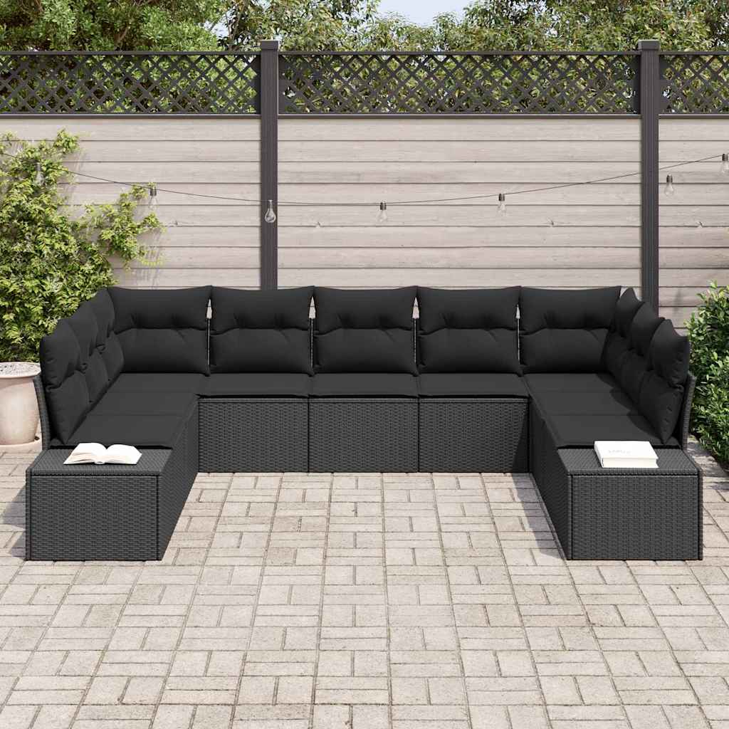 Set Divano da Giardino 9 pz 8-Numero di posti Nero Polyrattan
