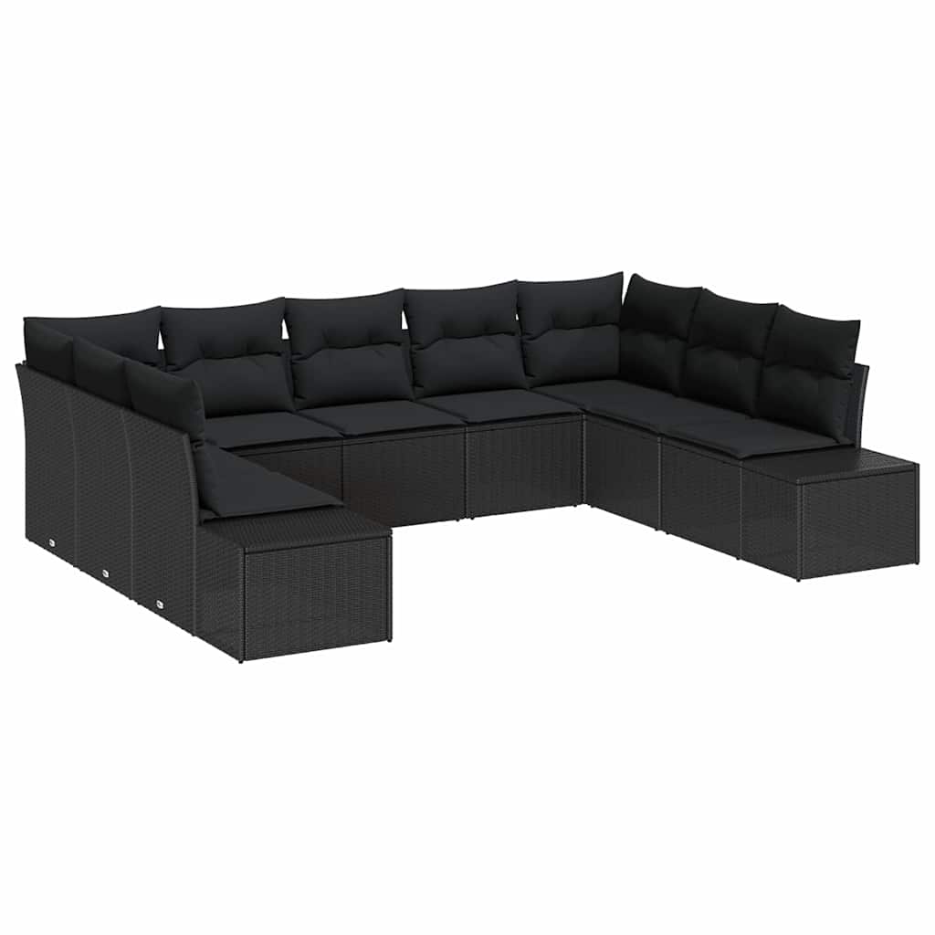 Set Divano da Giardino 9 pz 8-Numero di posti Nero Polyrattan