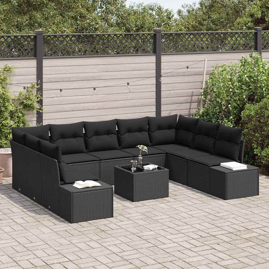 Set Divano da Giardino 9 pz 8-Numero di posti Nero Polyrattan