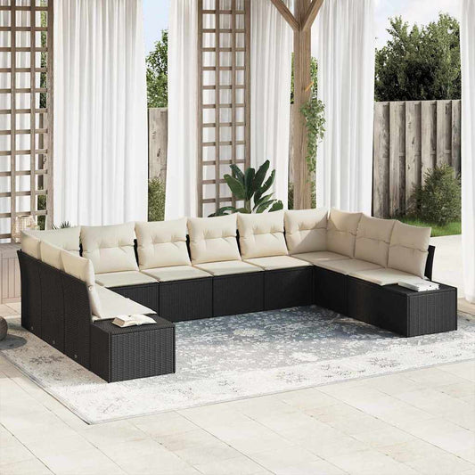 Set Divano da Giardino 10 pcs Nero e Crema Polyrattan