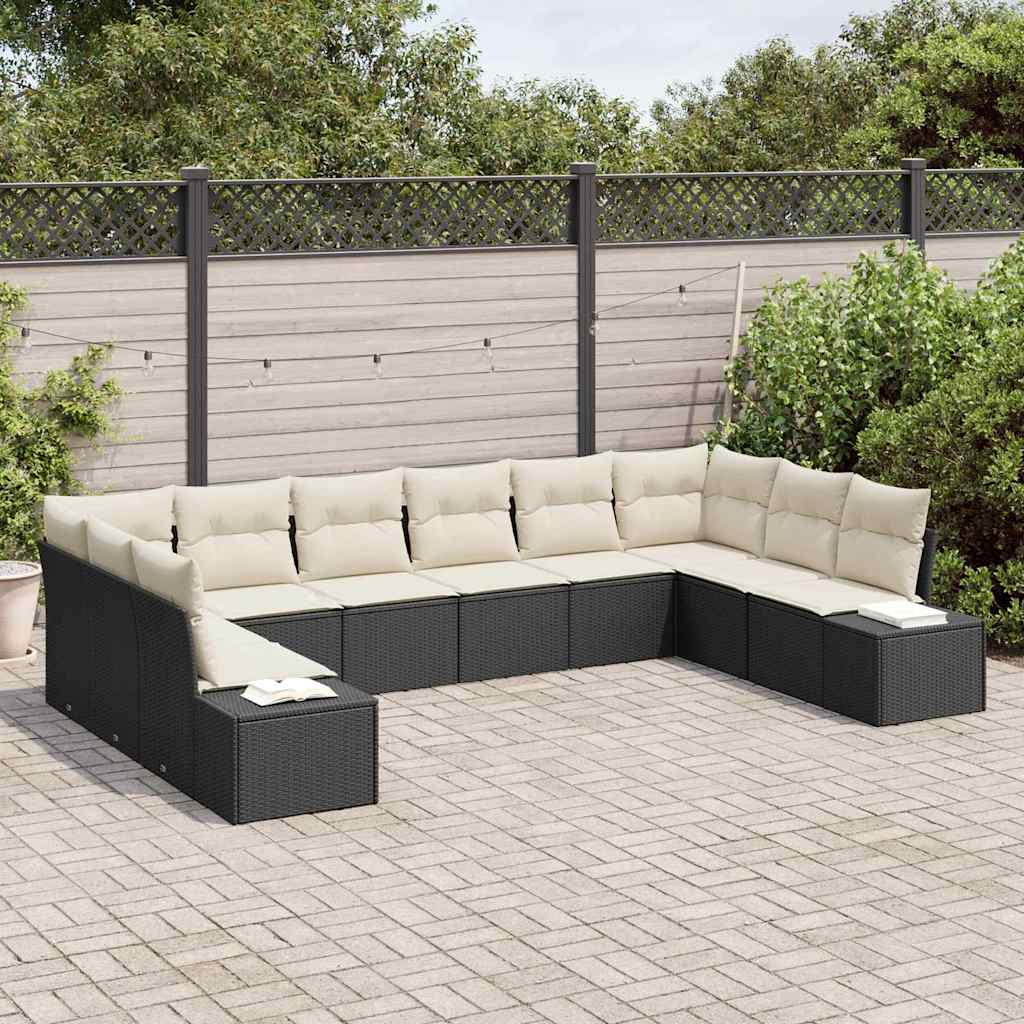 Set Divano da Giardino 10 pcs Nero e Crema Polyrattan | homemem39