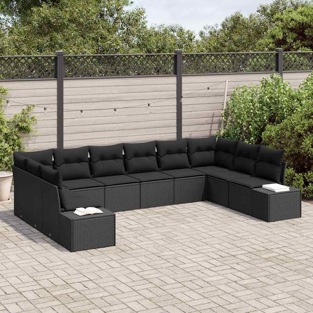 Set Divano da Giardino 10 pz 9-Numero di posti Nero Polyrattan