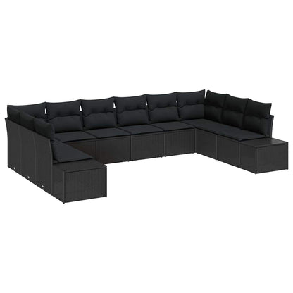 Set Divano da Giardino 10 pz 9-Numero di posti Nero Polyrattan