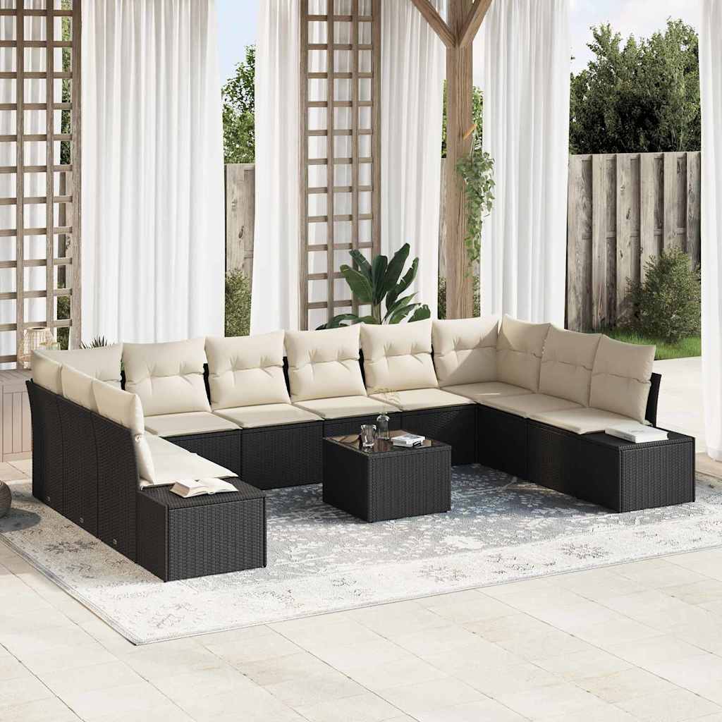 Set Divano da Giardino 10 pcs Nero e Crema Polyrattan | homemem39