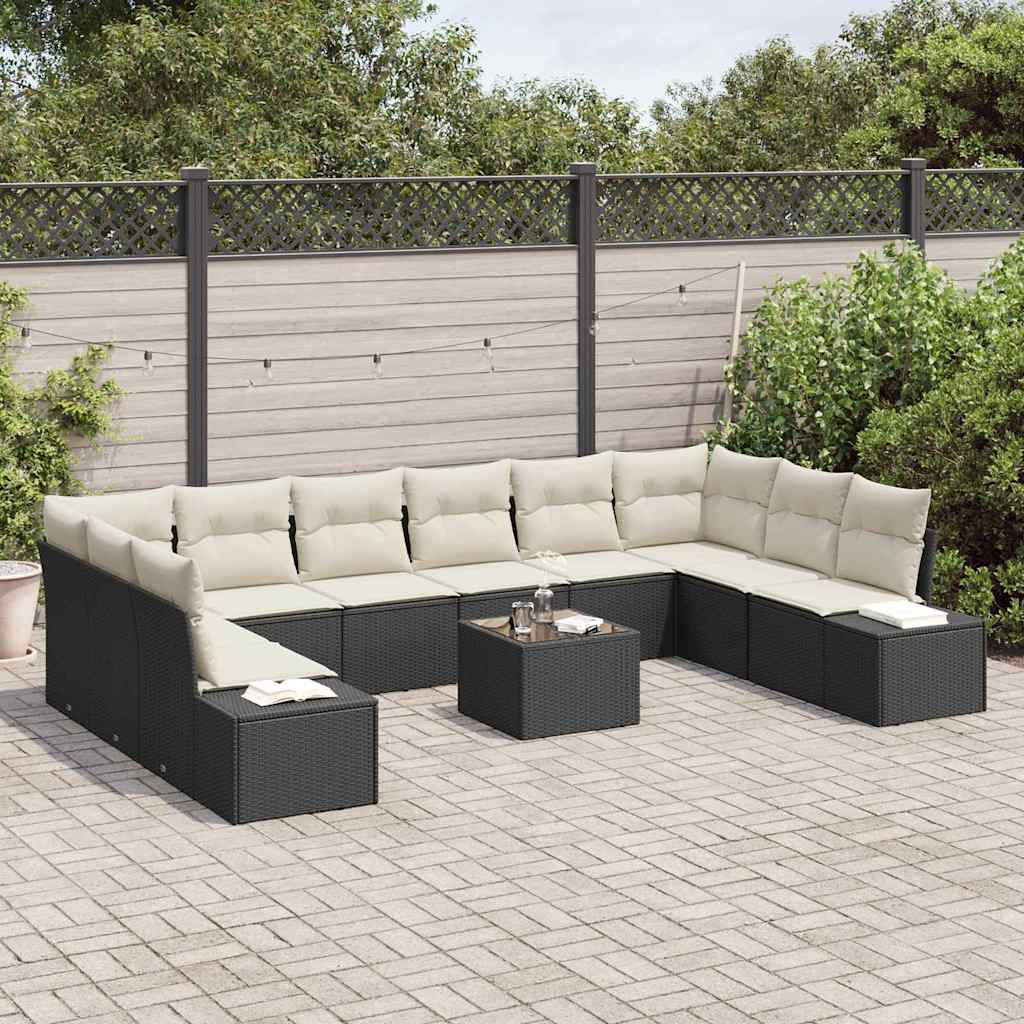 Set Divano da Giardino 10 pcs Nero e Crema Polyrattan | homemem39