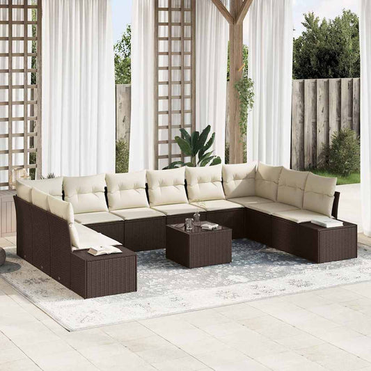 Set Divano da Giardino 10 pcs Marrone e Crema Polyrattan