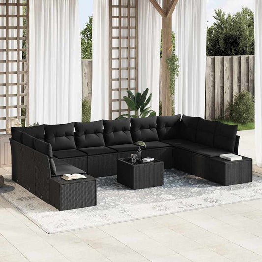 Set Divano da Giardino con cuscino 10 pcs Nero Polyrattan