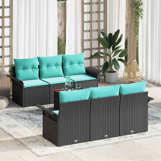 Set Divano da Giardino 7 pcs Nero e Turchese polyrattan