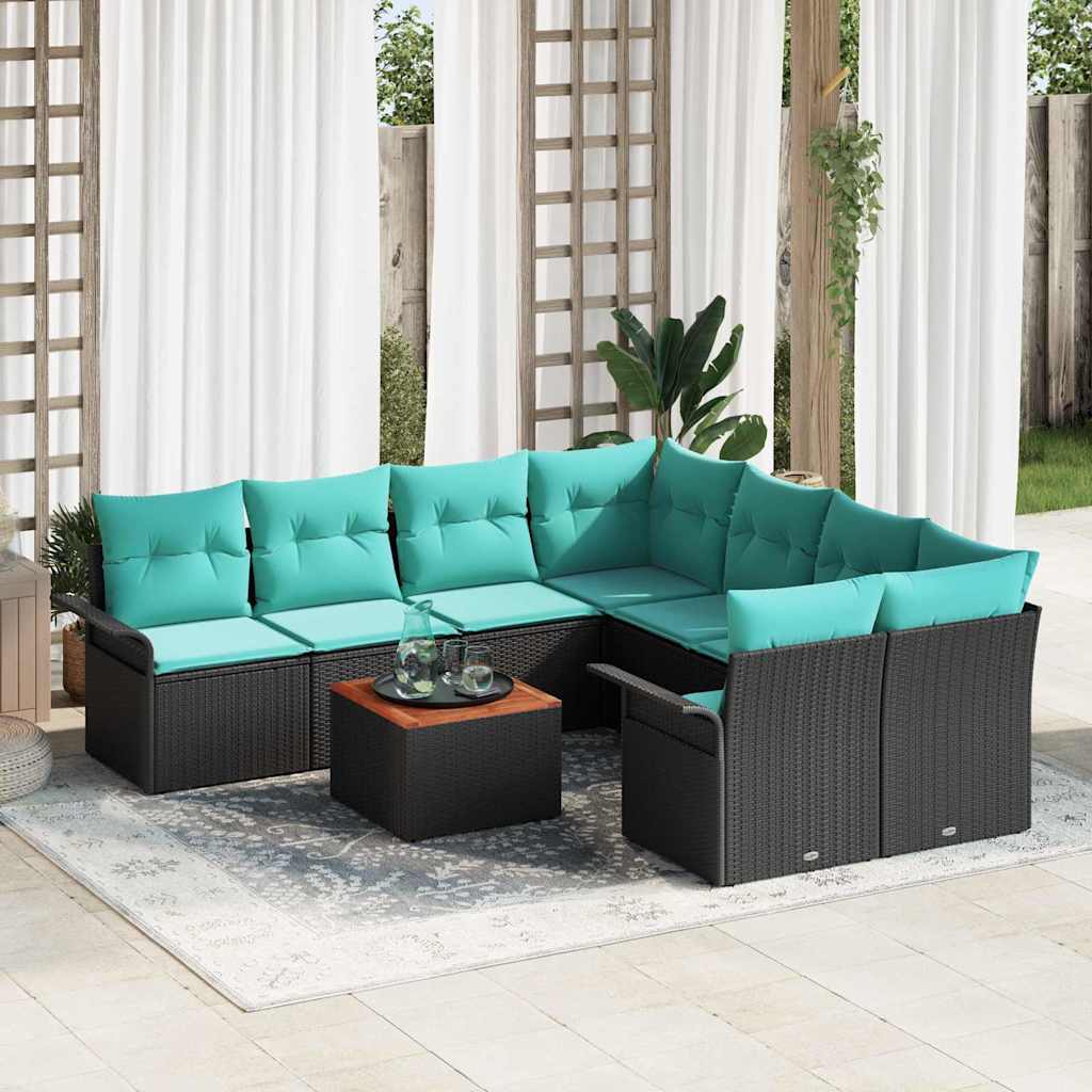 Set Divano da Giardino 9 pcs Nero e Turchese polyrattan | homemem39