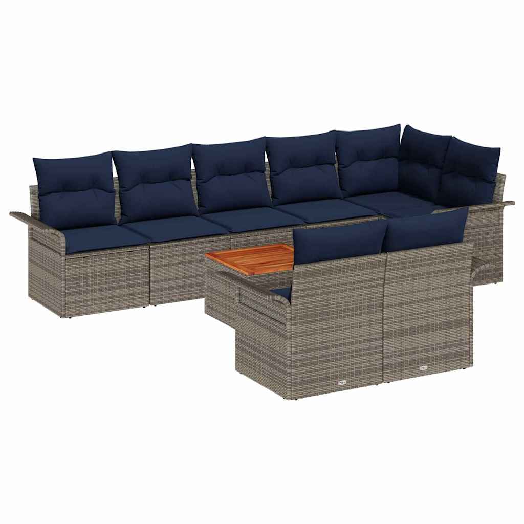 Set Divano da Giardino 9 pcs Grigio e Blu Navy polyrattan
