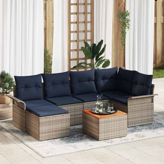 Set Divano da Giardino 7 pcs Grigio e Blu Navy polyrattan