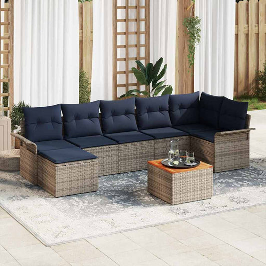 Set Divano da Giardino 8 pcs Grigio e Blu Navy polyrattan
