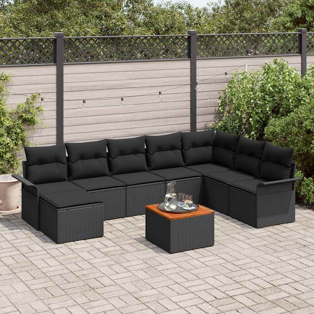 Set Divano da Giardino 9 pz Nero polyrattan