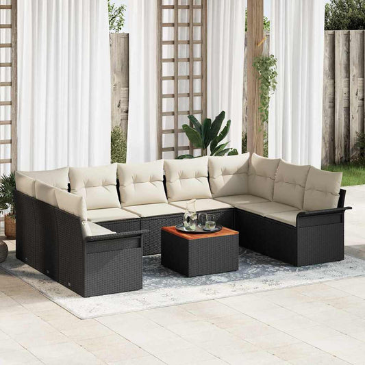 Set Divano da Giardino 10 pcs Nero e Crema polyrattan