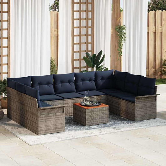 Set Divano da Giardino 10 pcs Grigio e Blu Navy polyrattan