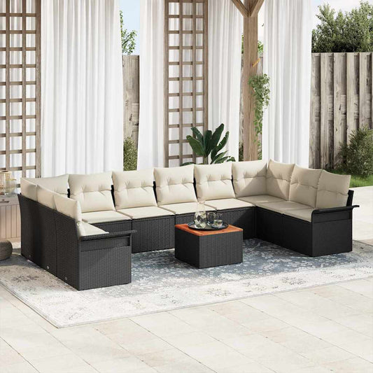 Set Divano da Giardino 11 pcs Nero e Crema polyrattan