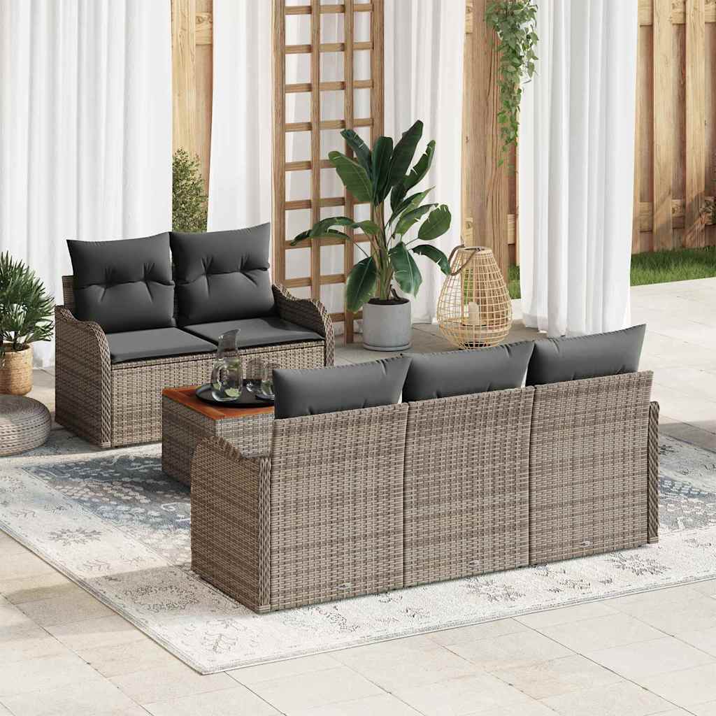 Set Divano da Giardino 6 pz 5-Numero di posti Grigio polyrattan