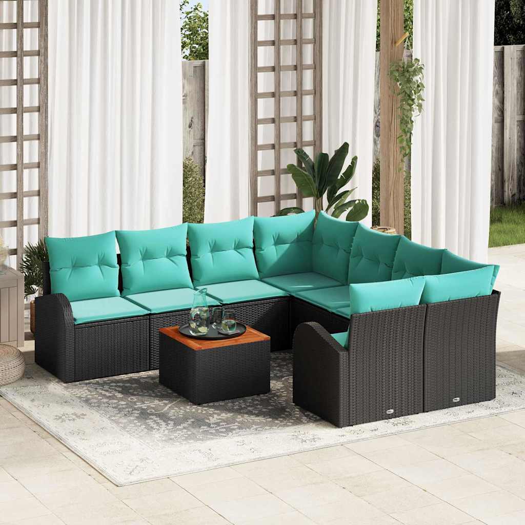 Set Divano da Giardino 9 pcs Nero e Turchese polyrattan | homemem39