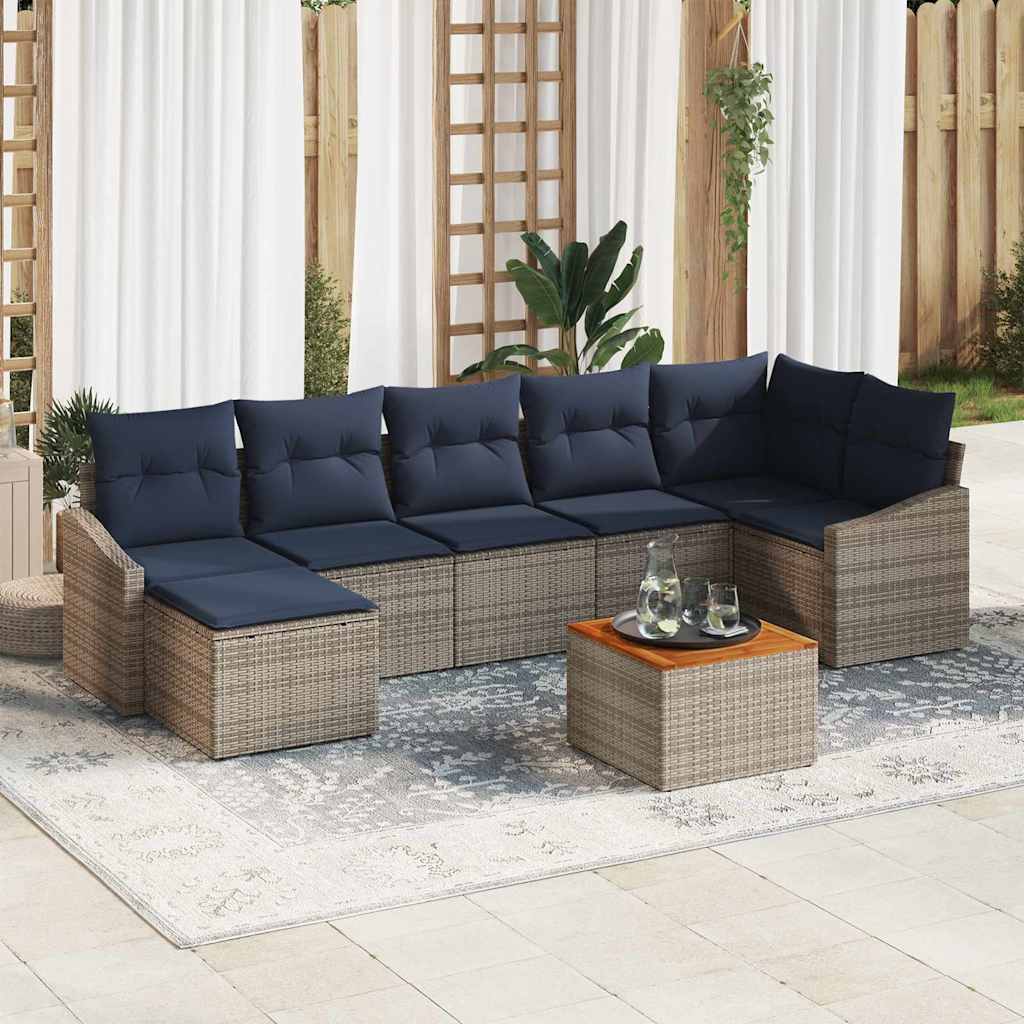 Set Divano da Giardino 8 pcs Grigio e Blu Navy polyrattan