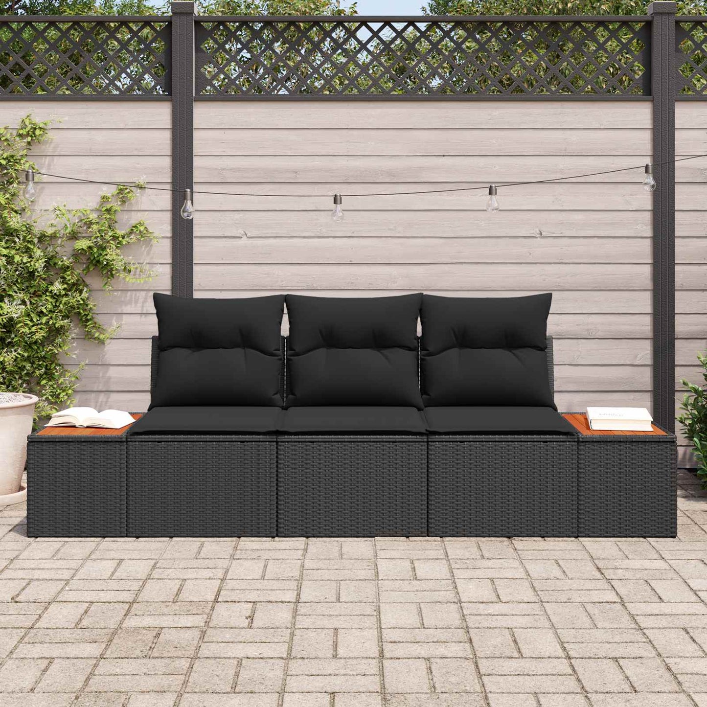 Set Divano da Giardino 3 pz 3-Numero di posti Nero Poly Rattan