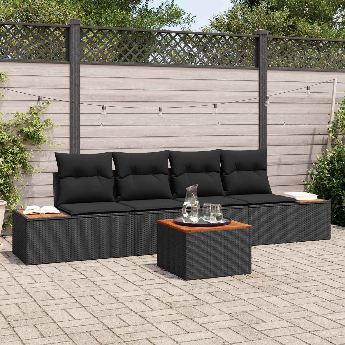 Set Divano da Giardino con cuscino 5 pcs Nero Poly Rattan | homemem39