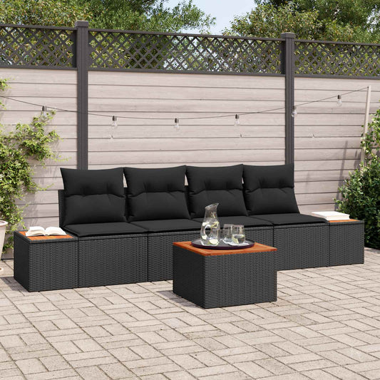 Set Divano da Giardino con cuscino 5 pcs Nero Poly Rattan | homemem39