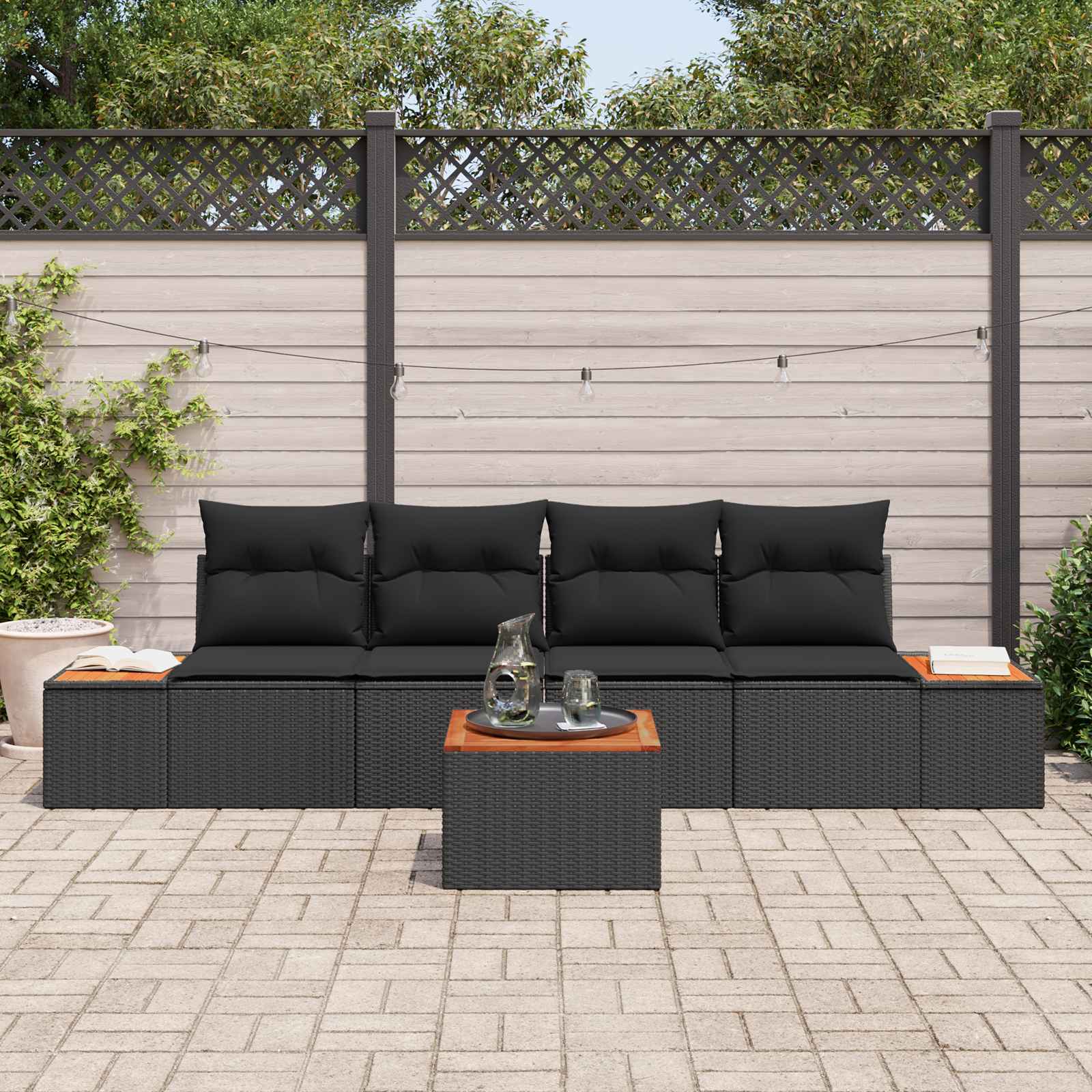 Set Divano da Giardino con cuscino 5 pcs Nero Poly Rattan | homemem39