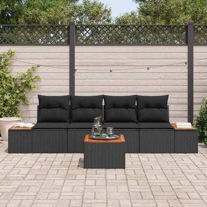 Set Divano da Giardino con cuscino 5 pcs Nero Poly Rattan | homemem39