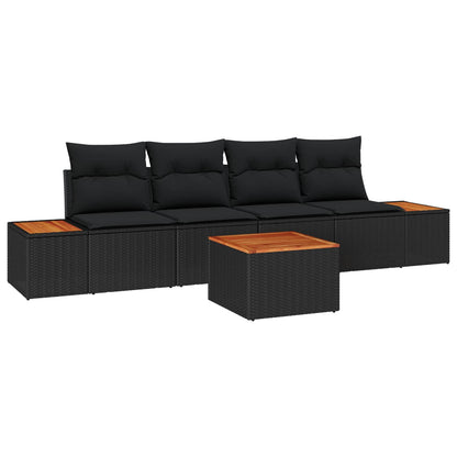 Set Divano da Giardino con cuscino 5 pcs Nero Poly Rattan | homemem39