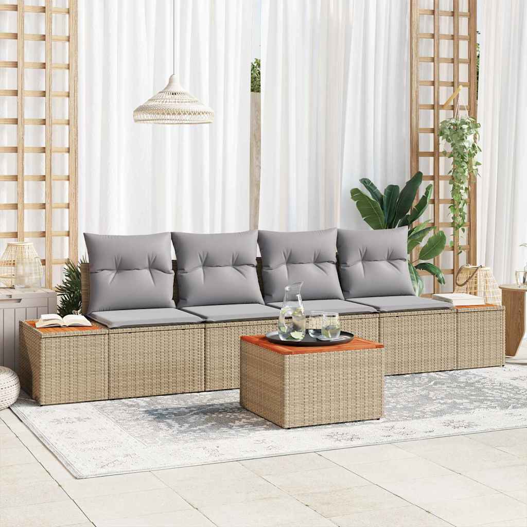 Set Divano da Giardino con cuscino 5 pcs Beige Poly Rattan | homemem39
