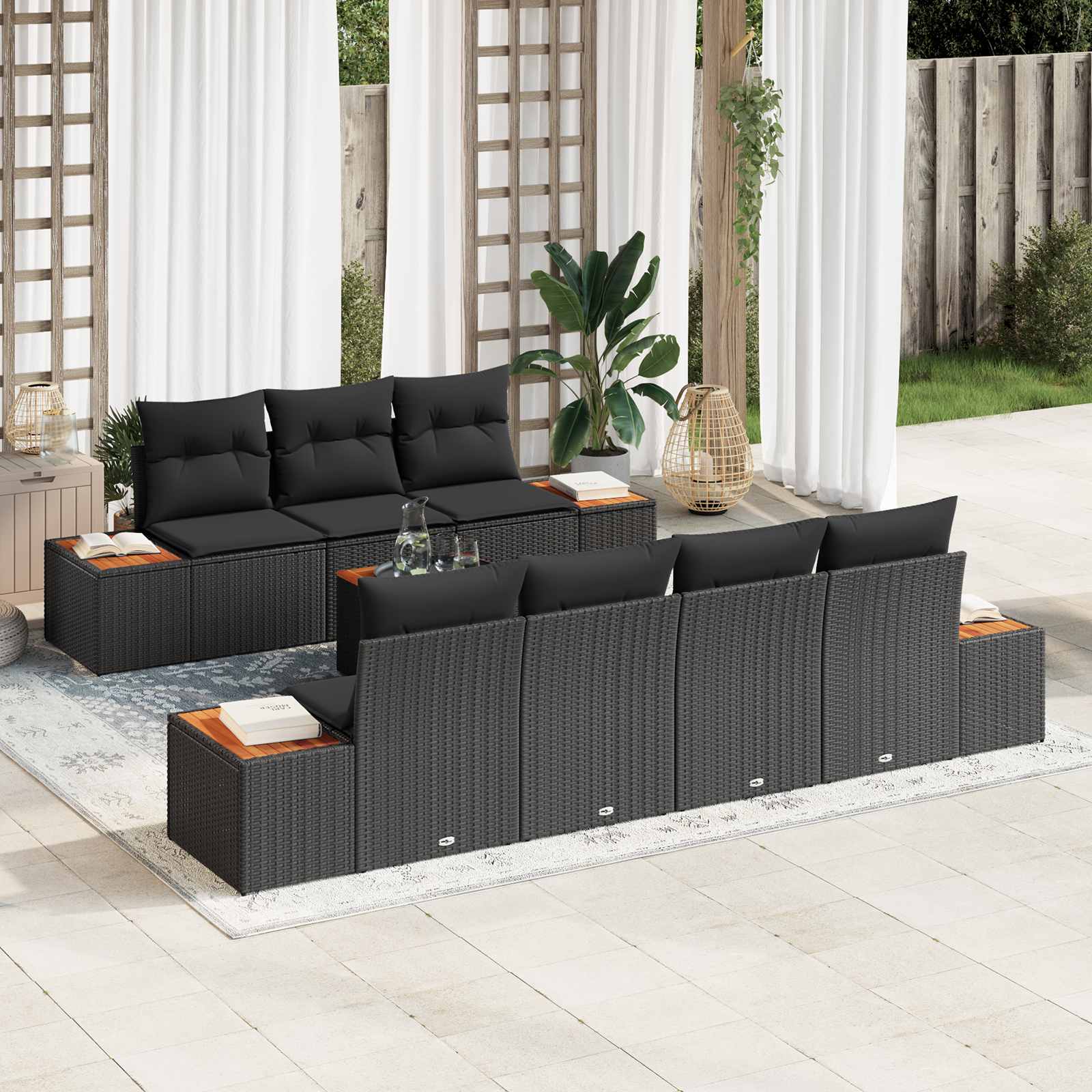 Set Divano da Giardino con cuscino 8 pcs Nero Poly Rattan | homemem39