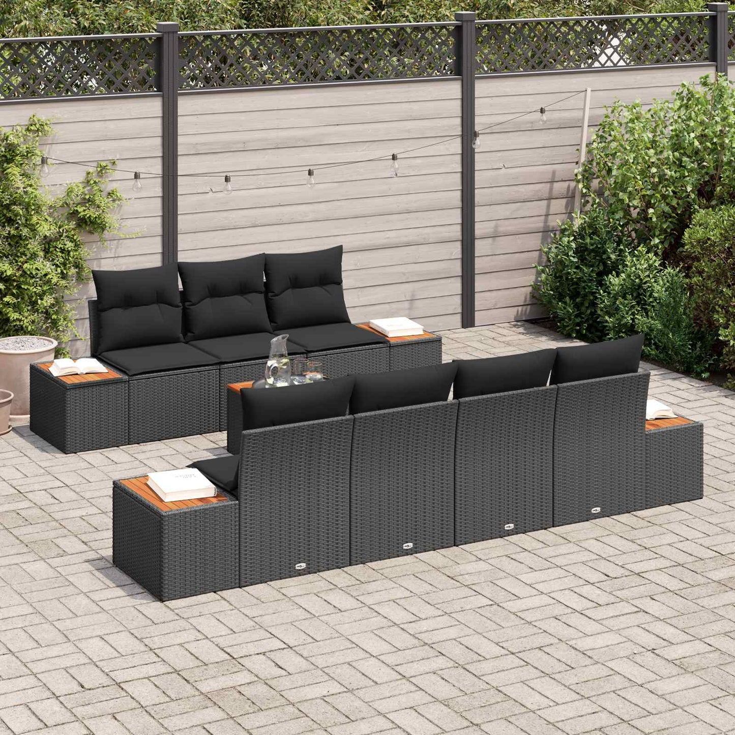 Set Divano da Giardino con cuscino 8 pcs Nero Poly Rattan | homemem39