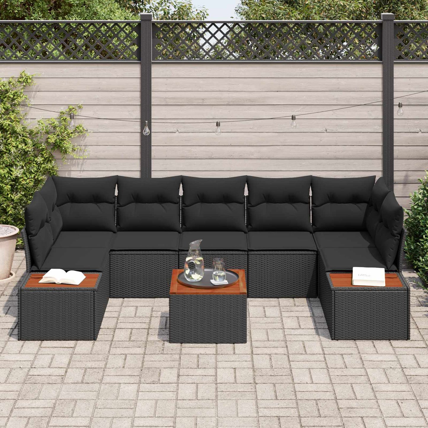 Set Divano da Giardino con cuscino 8 pcs Nero Poly Rattan | homemem39