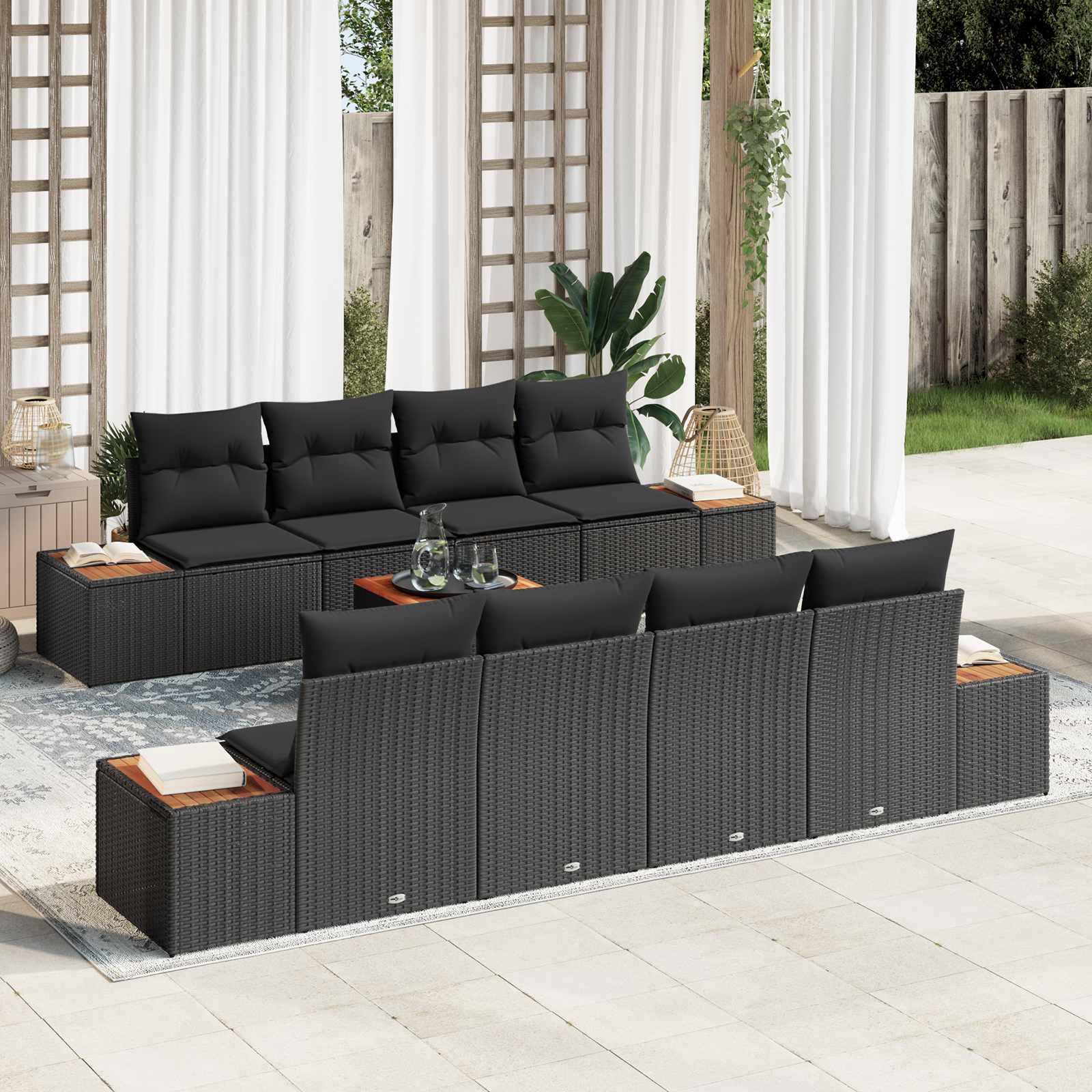 Set Divano da Giardino con cuscino 9 pcs Nero Poly Rattan | homemem39