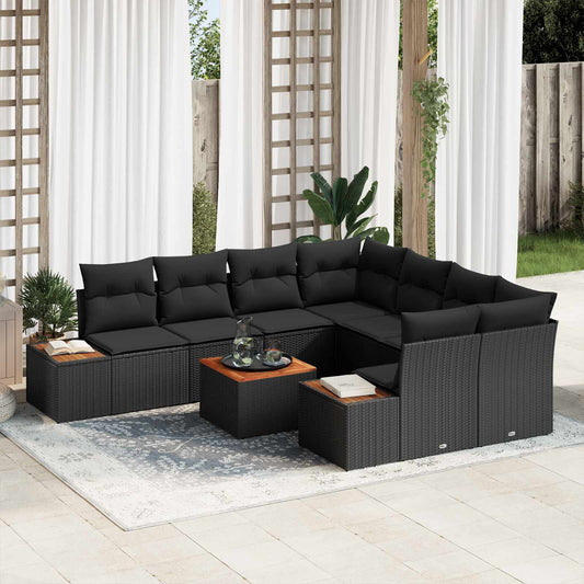 Set Divano da Giardino con cuscino 9 pcs Nero Poly Rattan | homemem39