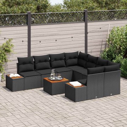 Set Divano da Giardino con cuscino 9 pcs Nero Poly Rattan | homemem39