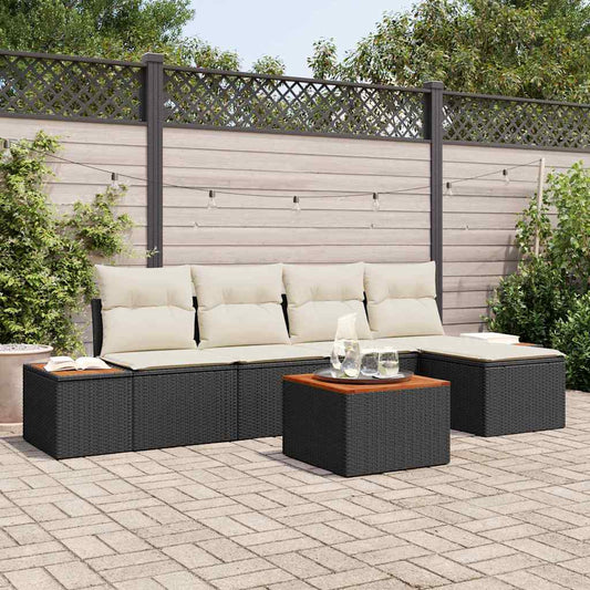 Set Divano da Giardino 6 pcs Nero e Crema Polyrattan