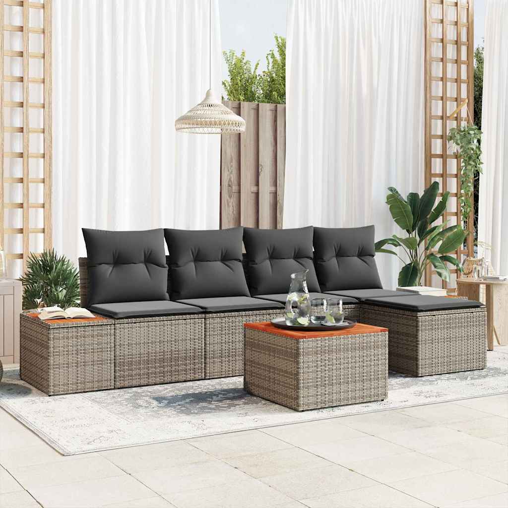 Set Divano da Giardino 6 pz 5-Numero di posti Grigio Polyrattan
