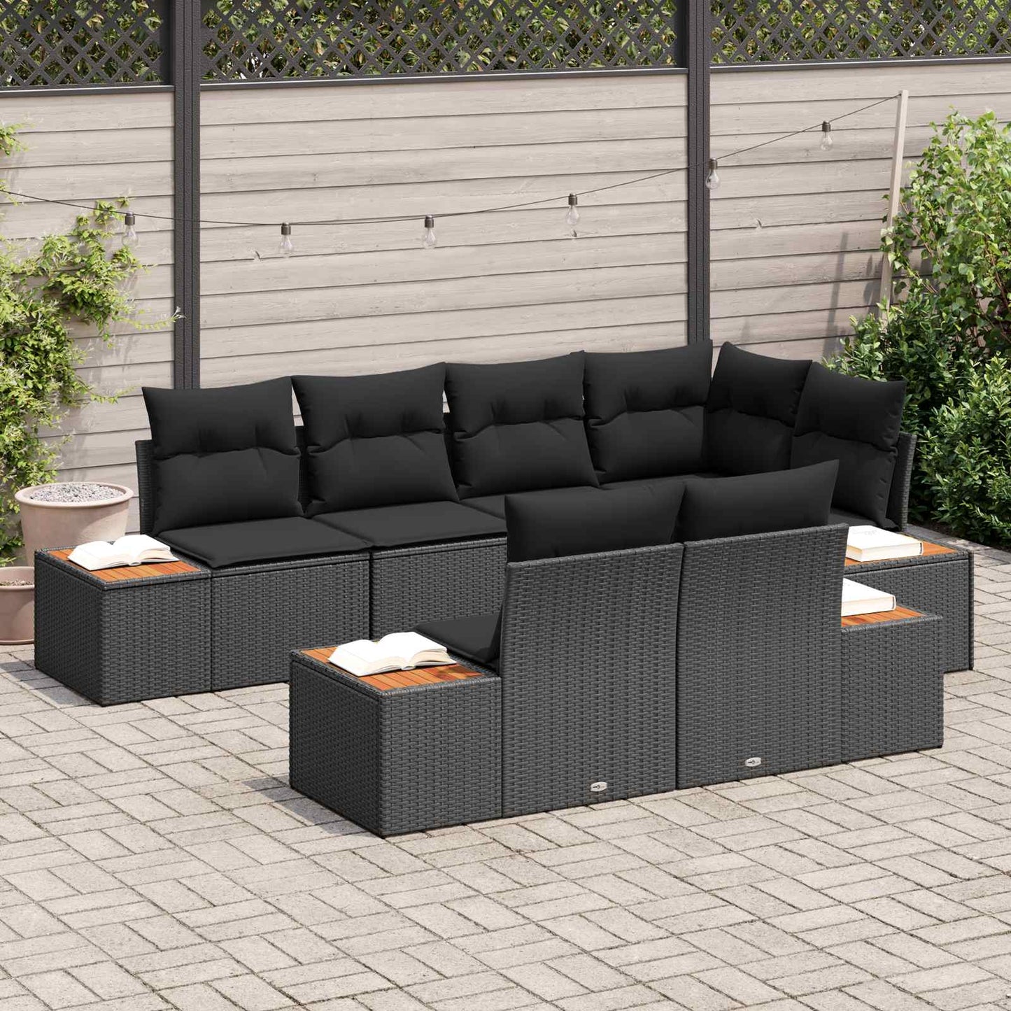 Set Divano da Giardino 7 pz 7-Numero di posti Nero Polyrattan