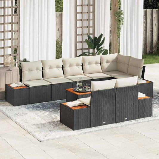 Set Divano da Giardino 8 pcs Nero e Crema Polyrattan