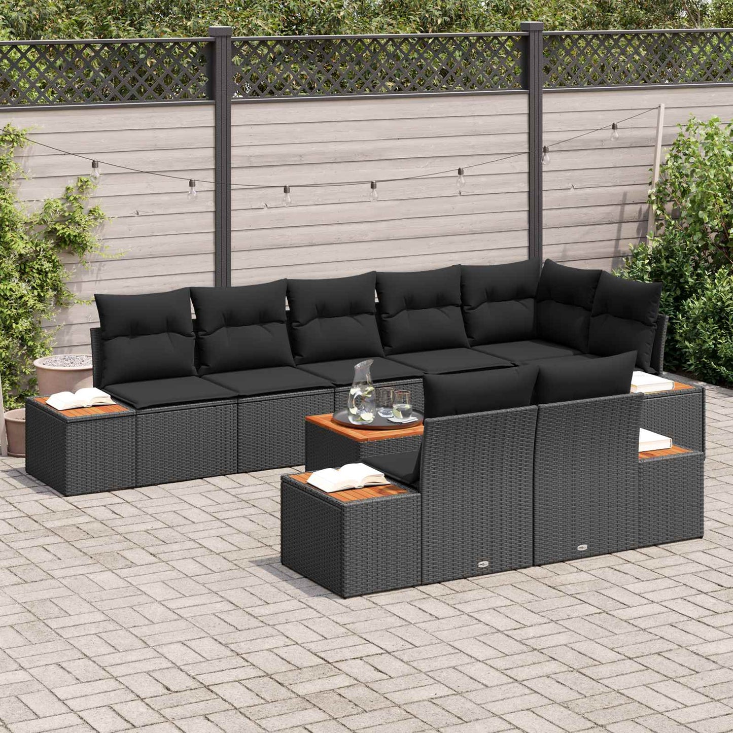 Set Divano da Giardino 8 pz 8-Numero di posti Nero Polyrattan