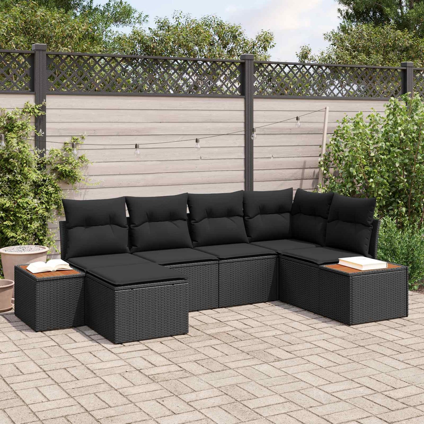 Set Divano da Giardino 7 pz 6-Numero di posti Nero Polyrattan
