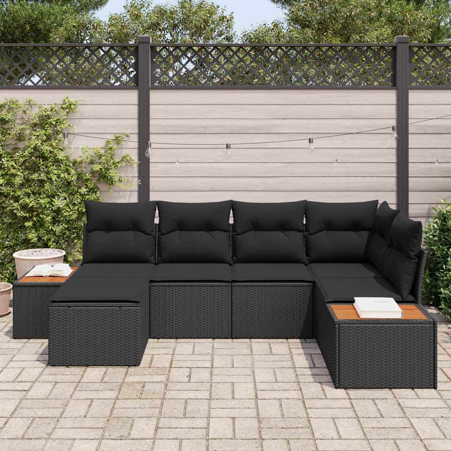 Set Divano da Giardino 7 pz 6-Numero di posti Nero Polyrattan