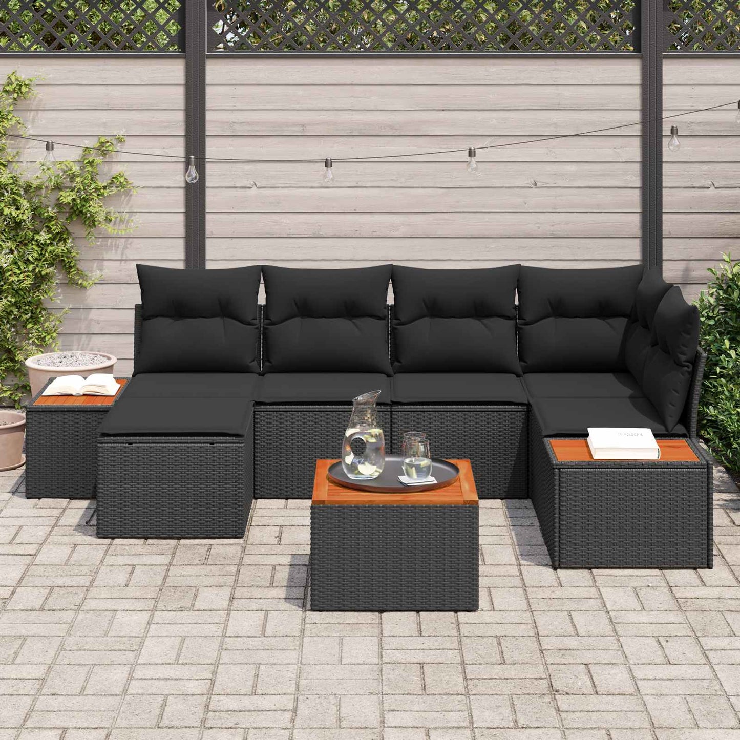 Set Divano da Giardino 7 pz 6-Numero di posti Nero Polyrattan